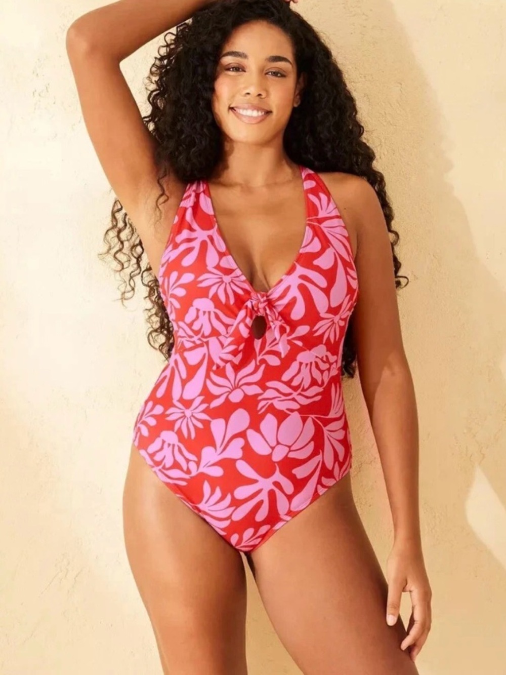 NWT Shade & Shore Tie-Front Keyhole High Leg Cheeky Swimsuit Red/Pink XS(0-2)
